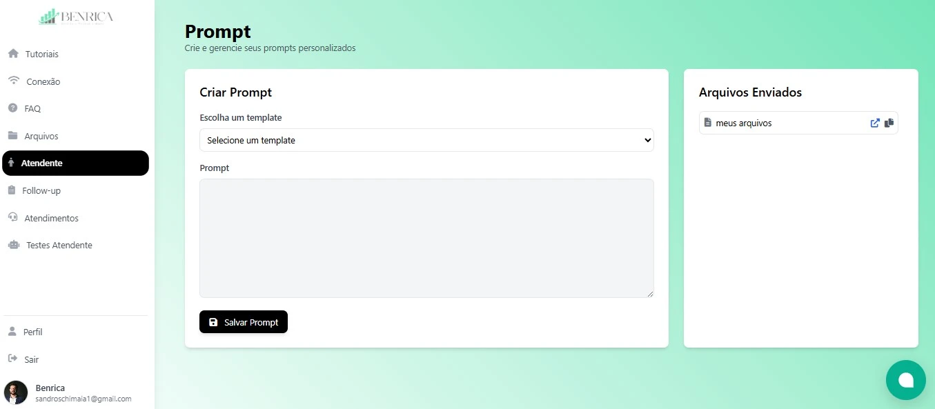 Interface da plataforma Benrica com atendente virtual IA